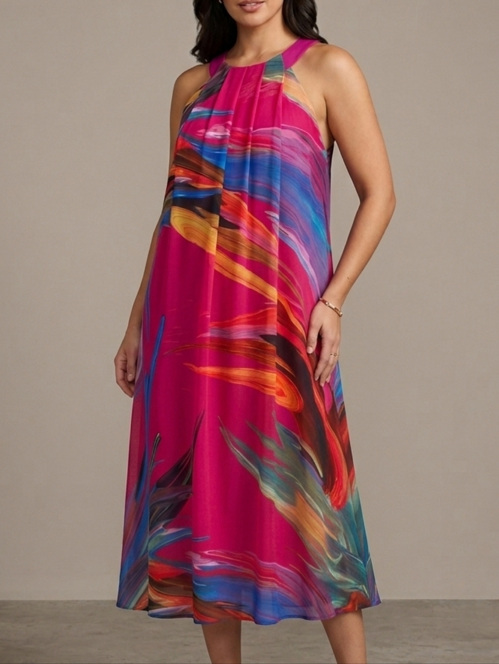 Robbie Bee Fuchsia Halter Midi Dress with Multicolor Brushstroke Print Xl